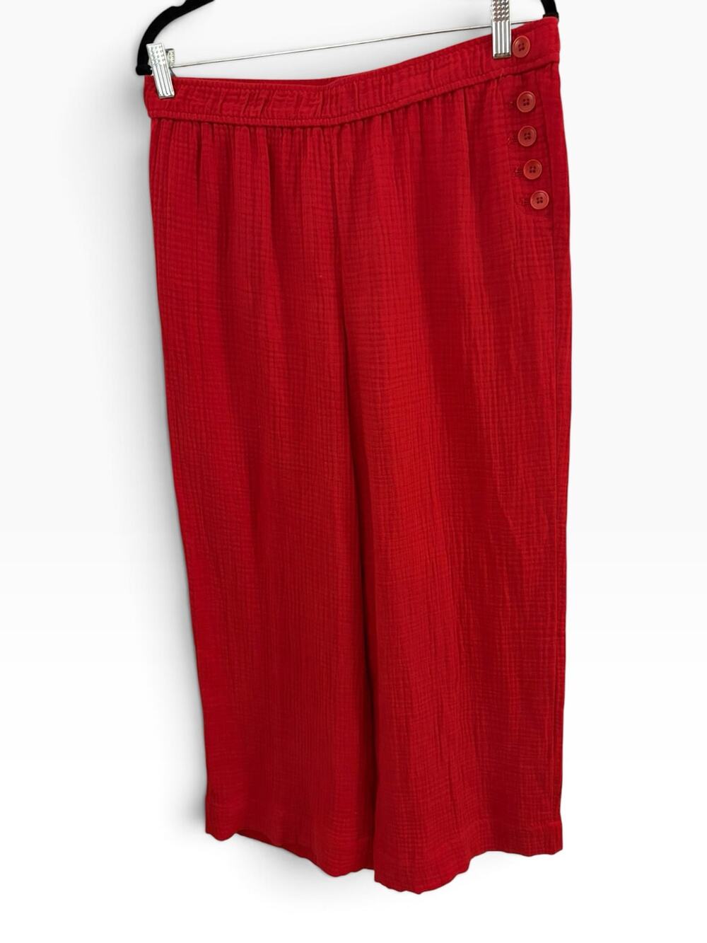 Talbots 100% Cotton Red Pull On Gause Wide Leg Pants Front Button Accents Casual